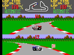 Three racing circuits are stacked vertically, each displaying a top-down perspective of a Formula 1 track with red and white barrier markings. The top track shows a single red race car, the middle track displays a dark-colored vehicle, and the bottom track contains another dark car. Green grass borders the tracks with trees and scenery visible behind each circuit. Yellow text reading "LAP OF THE" and "AUTOMATIC" appears at the top in a pixelated font. A small boat icon is centered above the tracks. The graphics use a bright color palette with distinct sprite-based 8-bit presentation typical of SMS-era racing games.