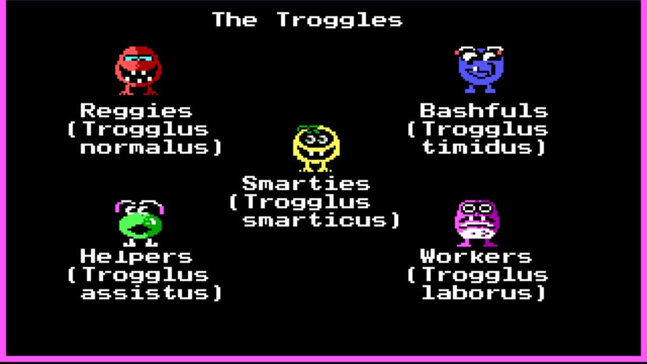 A character selection screen titled 'The Troggles' displaying five pixelated creature sprites arranged in a cross pattern against a black background with a magenta border. The red Reggies sprite appears top-left, the blue Bashfuls sprite top-right, the yellow Smarties sprite at center, the green Helpers sprite bottom-left, and the purple Workers sprite bottom-right. Each character name is displayed below its sprite alongside its Latin binomial classification in white text.