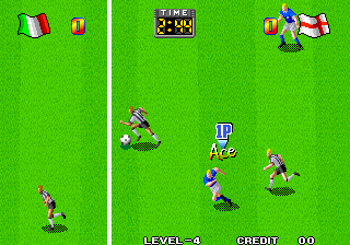 A bright green football pitch with white center line displays five pixelated player characters positioned across the field during active gameplay. The HUD shows "LEVEL 4" and "CREDIT 00" at the bottom, a time counter and score display at the top, and flag icons in the upper corners indicating team affiliations. Players wear distinct colored uniforms in red and blue, scattered from left to right across the grass field in typical arcade soccer sprite style with low resolution and bright primary colors.