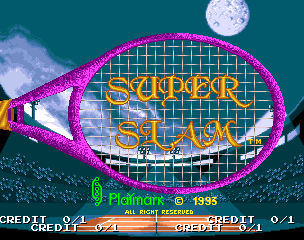 A tennis racket with bright magenta grip and strings dominates the center of the screen, filled with a grid pattern. The word "SUPER" in orange appears above the racket, with "SLAM" in yellow below it. A small white tennis ball floats in the upper-right corner against a teal sky with light clouds. The background shows a pixelated water or court surface. At the bottom, credit text reads "CREDIT 0/1" on the left, "© Playmark © 1995" in the center, and another "CREDIT 0/1" on the right, all in light blue text against a dark bar.