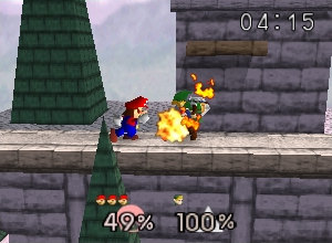 Two characters clash on a stone platform in Super Smash Bros. for N64. Mario, rendered in red and blue pixels, fights against a character in yellow to the right. A large green-shingled structure forms part of the background architecture. The HUD displays a timer reading 04:15 at top-center, with damage percentages below showing 49% and 100% for each player. The low-resolution 3D models and stone brick textures are characteristic of the N64's visual style.