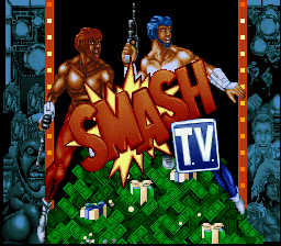 The title screen displays three muscular characters rendered as low-resolution sprites in orange and gold tones, positioned above a large green crosshatch pattern floor with scattered money bills. The stylized "SMASH T.V." logo in red and yellow lettering with a white TV monitor icon occupies the center-right area. Ornate blue decorative panels frame both sides of the composition against a black background, with orange vertical accent bars at the corners.