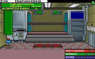 A pixel-art room interior with beige walls and a red checkered floor displays a small blue character on the left side. The scene features green furniture including a refrigerator and cabinets along the walls, a blue window in the upper right, and what appears to be a doorway. A status bar at the top shows menu options including File, Options, and Help with green highlighting. The bottom right corner displays red text reading "PARTS NEEDED", "WRONG", and "SCORE" with corresponding numerical values in yellow and white text. The overall resolution is typical of early 1990s DOS-era graphics with distinct pixelation and a limited color palette.