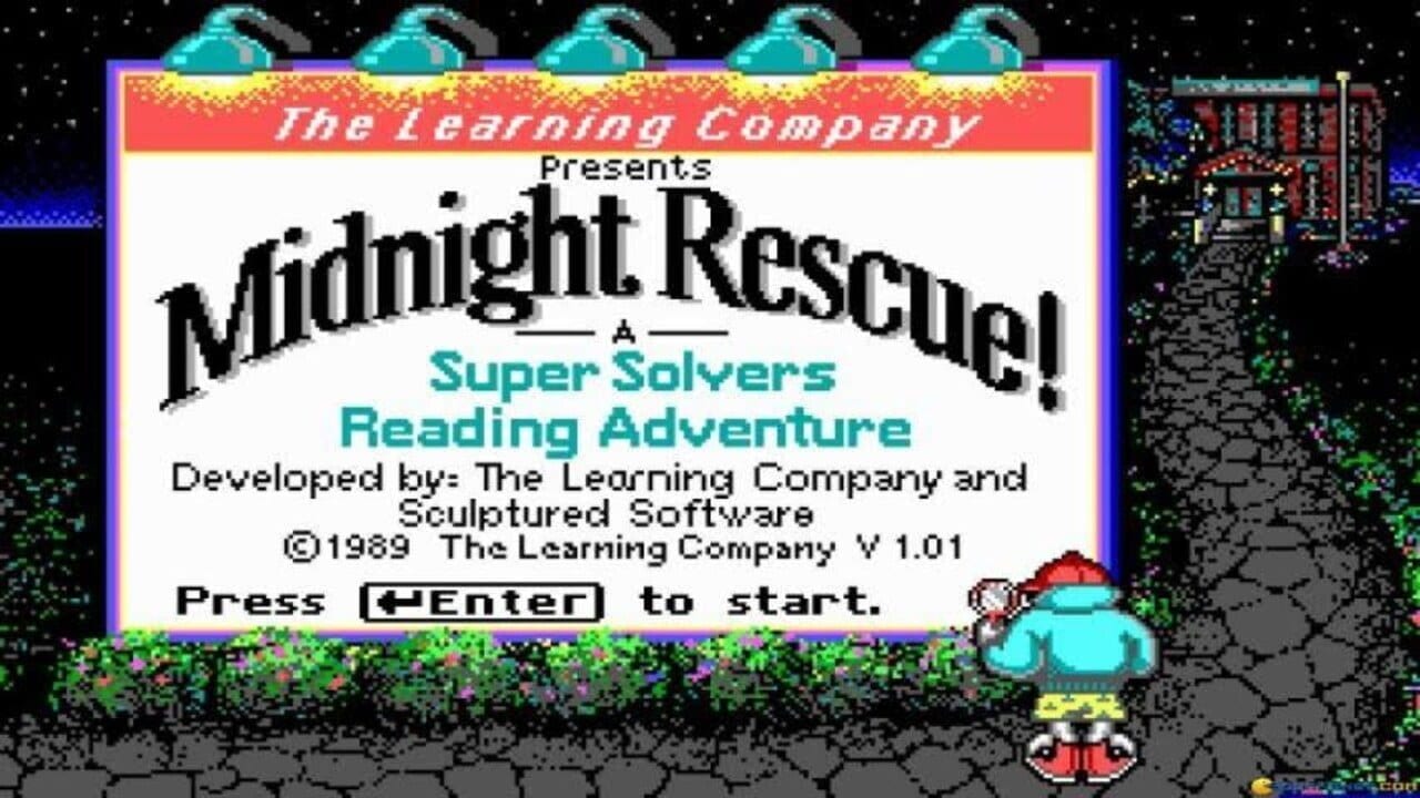 A title screen displays the game's logo in large black text reading 'Midnight Rescue!' with 'A Super Solvers Reading Adventure' in cyan below it. The Learning Company presents banner appears at the top with red and gold coloring, and development credits state it was made by The Learning Company and Sculptured Software, version 1.01 from 1989. An instruction to press Enter to start appears at the bottom. The background shows a nighttime street scene with brownstone buildings rendered in dark colors with green foliage, animated character figures visible in the lower portion, and a starry black sky above. A blue robotic character with a red hat stands prominently in the lower right.