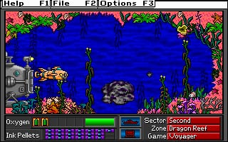 An underwater scene displays a submarine on the left side of the screen against a blue background with coral and seaweed formations in bright pink, green, and yellow. A large rocky formation occupies the center, with smaller rocks and marine plants scattered throughout. The bottom UI panel shows oxygen levels, ink pellet count, inventory items, and sector information. Menu options for Help, File, and Options appear in the top bar. The art style uses bold colors and pixelated 16-bit sprites typical of early 1990s DOS graphics.