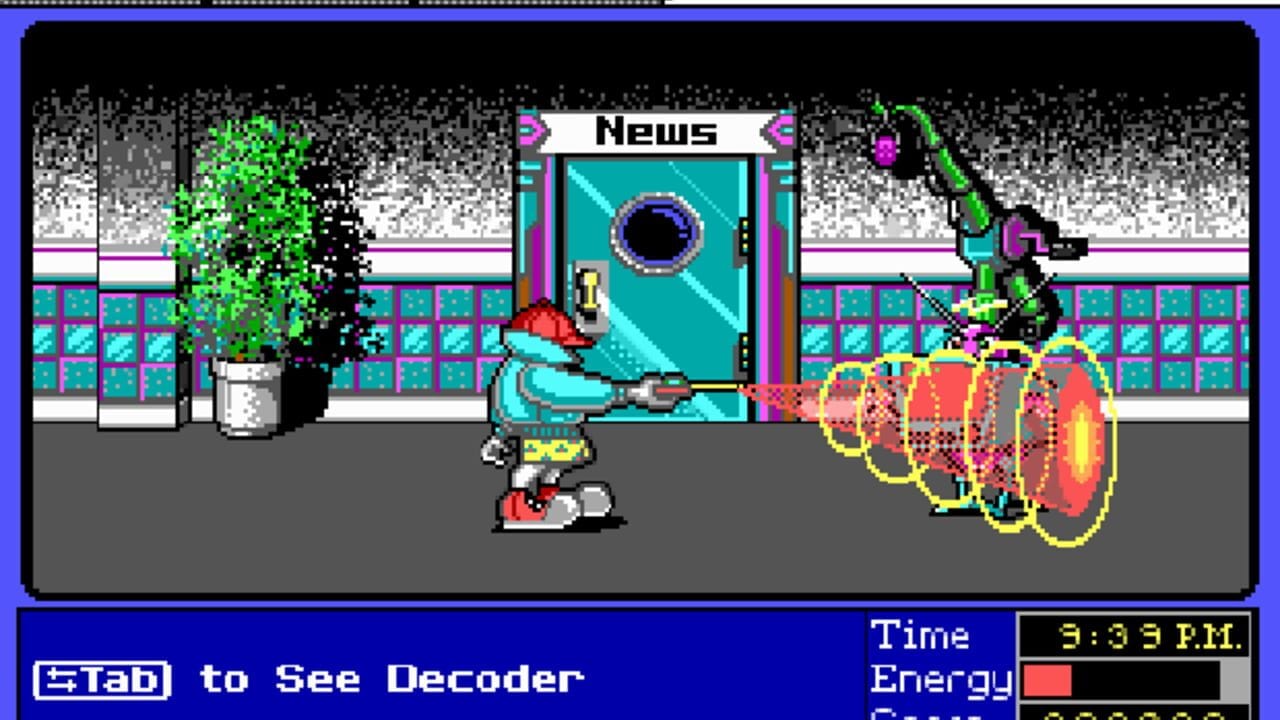 A cyan-colored character with red details stands in a futuristic indoor setting, firing a beam weapon at a large spinning red and yellow circular target on the right side of the screen. Behind the character is a doorway labeled "NEWS" with teal and magenta trim, potted greenery to the left, and a grid-patterned wall with cyan squares in the background. A pixelated HUD bar at the bottom displays "STAD to See Decoder" on the left, and time reading "3:39 P.M." with an energy meter on the right. The overall color palette features bright neons against gray floor tiles and black borders.