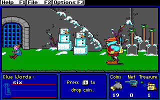 A side-scrolling educational game view shows a player character in the center of a green ground level with gray stone walls on the left, blue-outlined turrets, and a cityscape with green spires in the background. Two snowman-like characters stand in the middle ground. The bottom interface displays a blue "Clue Words" panel on the left showing "312", currency readout showing "19" coins and "0" net treasure, and a red "Press 1 to drop coin" instruction bar. Menu options appear across the top: Help, File, Options buttons with a dark blue header bar.