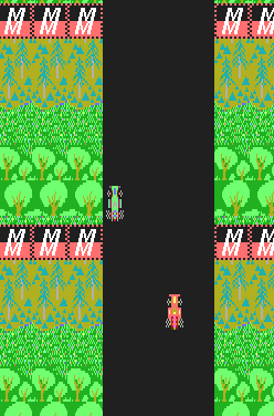 A vertical scrolling road stretches down the center of the screen in black. A small pixelated car sprite appears in the lower center, rendered in red and tan colors. The road is flanked on both sides by repeating tile patterns: red and white checkered borders at top and bottom, yellow diagonal hatching in the middle sections, and bright green grass with darker green trees and bushes. The same landscape pattern repeats symmetrically on the left and right edges. The overall composition creates a sense of a vehicle moving through a top-down racing perspective.
