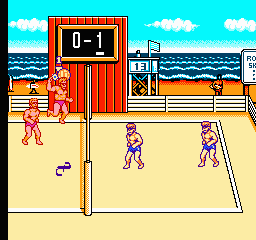 A volleyball court is shown in a side view with a sandy beach setting and blue ocean in the background. Two shirtless male players in orange shorts stand on the left side of the court, while two female players in purple and blue swimsuits are positioned on the right side of the net. A scoreboard in the upper left displays 0-1. The court is divided by a net in the center, with a lifeguard stand visible behind the players on the left. White clouds dot the cyan sky above. The graphics use bright, flat colors typical of NES-era sports games with blocky pixel-based character sprites.