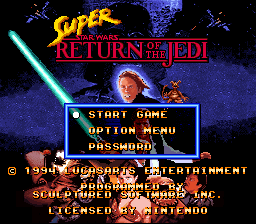 The title screen displays 'Super Star Wars: Return of the Jedi' in yellow and red text at the top, with a blue lightsaber visible in the upper left. Below the title, Luke Skywalker and other characters from the film appear against a starry blue background. A white text menu box in the center shows options for 'START GAME', 'OPTION MENU', and 'PASSWORD'. Copyright text for Lucasfilm Entertainment and Sculptured Software appears at the bottom in white text against the black background. The overall art style uses 16-bit sprite graphics typical of SNES games.