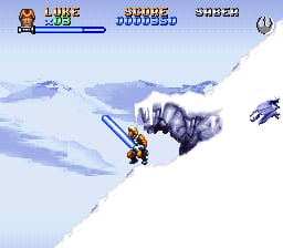 A character in yellow stands on a snowy slope in the foreground, facing right toward a large mechanical walker with blue armor plating. Two smaller flying enemies appear in the upper right. The HUD displays health, score, and power bars at the top left in pixel font. The background shows light blue sky with white clouds and distant snow-covered mountains. Parallax scrolling creates depth in the landscape.