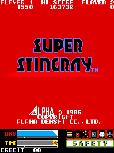 The title screen displays "SUPER STINGRAY" in large blue pixelated letters centered on a red background. Below the title, white text reads "ALPHA © 1986" and "ALPHA DENSHI CO., LTD." At the top, a score display shows "PLAYER 1" on the left with score 16738, and "PLAYER 2" on the right. The bottom of the screen contains a status bar with blue health/power indicators, enemy icons labeled "EMY", a yellow "SAFETY" indicator on the right, and navigation text reading "CREDIT GO" in the lower left corner.