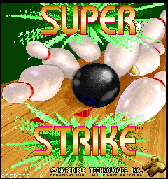 A bowling alley title screen displays a black bowling ball striking white pins arranged on a wooden lane against a green background. Large yellow text reading 'SUPER' arches across the top, with 'STRIKE' in matching style below, flanked by orange horizontal lines. Developer credit 'INCREDIBLE TECHNOLOGIES, INC.' appears in small white text at the bottom center. The 3D-rendered pins and ball are positioned in the center of the composition with realistic shadows on the wooden surface.