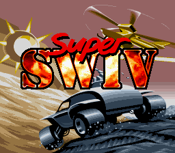 A title screen displays the large red "SUPER SWIV" logo with yellow outline lettering centered above a pixelated military helicopter rendered in gray and black tones, positioned on a sandy or desert-colored surface. The background features a muted mauve-brown gradient with geometric shapes suggesting terrain. The art style uses 16-bit sprite graphics typical of early 1990s SNES games, with limited color palette and clear pixelation visible in the vehicle details and landscape elements.