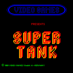 The title screen features a blue neon-style rounded rectangle banner at the top containing "VIDEO GAMES" text. Below it, "PRESENTS" appears in red capital letters. The main title "SUPER TANK" is displayed in large red and yellow block letters with a thick outline effect. At the bottom, green text reads "© 1981 VIDEO GAMES GmbH U.-GERMANY". The entire composition uses a simple black background with bright primary colors typical of early 1980s arcade graphics.