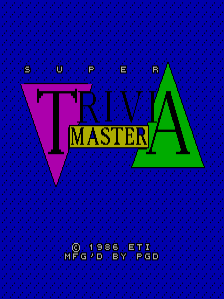 The title screen displays "SUPER TRIVIA MASTER" in large stylized letters against a blue diagonal-pattern background. The word "SUPER" appears in small yellow text at the top, while "TRIVIA" is rendered in purple with a yellow "MASTER" label overlaid. A green triangular shape forms the letter "A" on the right side. At the bottom, copyright text reads "© 1986 ETI" in yellow, followed by "MPG/D BY FGD" in smaller text. The overall design uses a limited palette of blue, purple, green, and yellow typical of 1986 arcade hardware.
