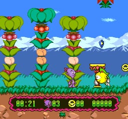 A colorful platformer scene displays three tall flower characters with green leafy tops and brown stems arranged horizontally across the middle ground against a bright blue sky with white clouds and distant snowy mountains. A small character sprite stands on the ground level in the center-right area near a yellow enemy sprite and a brown wooden crate. The foreground shows brown earth and grass. At the bottom, a black HUD bar displays time code 00:21, a life counter at 03, a coin count at 00, and a score of 00000. The visual style uses bright 16-bit sprite graphics with distinct pixelation typical of early 1990s SNES games.