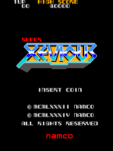 The title screen displays a large pixelated logo reading 'SUPER XEVIOUS' in blue and yellow letters with a gray arrow pointing right. Above the logo, 'SUPER' appears in red text. At the top, a score display shows 'TOP 00' and 'HIGH SCORE 90000' in white and yellow. Below the logo, white text reads 'INSERT COIN'. At the bottom, copyright notices state '© MELMXXXII NAMCO' twice, followed by 'ALL RIGHTS RESERVED' in white text. The 'NAMCO' logo appears in red at the very bottom. The background is solid black.