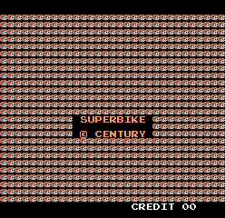 The title screen displays "SUPERBIKE" in large orange capital letters centered horizontally, with "© CENTURY" directly below in smaller text. The background consists of a repeating grid pattern of small identical squares in tan and brown tones covering the entire screen. At the bottom, white text reads "CREDIT 00", indicating the number of available credits. The overall aesthetic uses a simple 8-bit color palette typical of early 1980s arcade hardware.