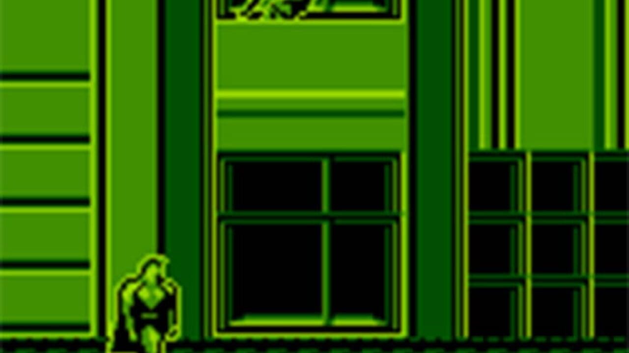 A small yellow-outlined character sprite stands on the left side of a green architectural structure with black windows and doorways. The building features symmetrical multi-paned windows arranged in a grid pattern, with darker sections contrasting against the bright lime-green walls. Horizontal and vertical lines create a grid-like facade typical of retro Game Boy graphics, rendered in high contrast green and black pixels.
