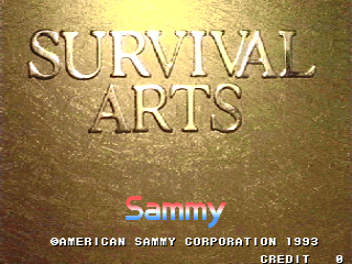 The title screen displays 'SURVIVAL ARTS' in large gold-embossed serif lettering centered against a textured golden-brown background. Below the title, the red 'Sammy' publisher logo appears, followed by white copyright text reading 'AMERICAN SAMMY CORPORATION 1993' and a 'CREDIT 0' indicator in the lower right corner. The overall aesthetic uses a warm bronze color palette with metallic text effects typical of early 1990s arcade graphics.