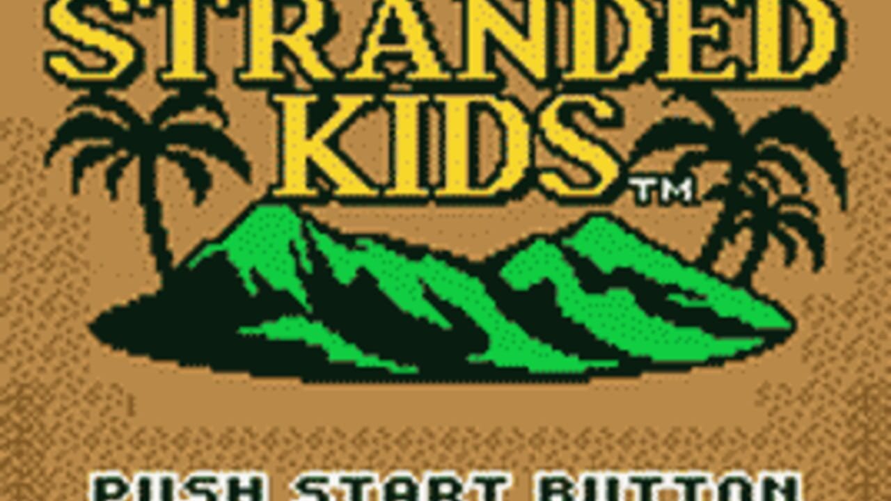 The title screen displays 'Stranded Kids' in large yellow text with a trademark symbol, centered above a green and black mountain landscape with palm trees on either side against a tan background. At the bottom, white text reads 'PUSH START BUTTON'. The graphics use limited color palette typical of Game Boy hardware, with blocky pixel art and monochrome sand texture filling the background.