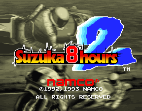 The title screen displays the Suzuka 8 Hours 2 logo in red and white text with a large blue question mark to the right. Behind the logo, a grayscale photograph of a racing driver in helmet and racing suit occupies the upper portion. Below the title, white text reads "© 1992 1993 NAMCO" and "ALL RIGHTS RESERVED". The background shows a blurred racing circuit environment in muted tones.