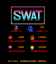 The title screen displays 'SWAT' in large cyan and magenta pixelated letters within a yellow-bordered rectangle at the top center. Below are four character portraits arranged in a 2x2 grid, each labeled with a name in red text and an associated point value: SWAT (400 points, top-left), UNIT (1000 points, top-right), EXPELER (400 points, bottom-left), and SWEEPER (3200 points, bottom-right). A small blue icon appears above the portraits. At the bottom, copyright text reads '©1984 CORELAND/SEGA' in green. The background is black with a dark yellow/gold border frame around the entire display.