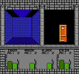 A split-screen dungeon view displays two adjacent rooms separated by a vertical divider. The left chamber shows a blue-tiled floor with dark walls and a blue door at the top. The right chamber is entirely black with a tall orange-bordered doorway or chest in the center. Below both rooms, a status bar lists four character slots labeled "LORD", "HASK", "TINK", and "IRON", each showing "AC: 2" stats. Four green health or resource bars appear in a row at the bottom of the screen. The interface uses a gray brick-textured border framing the entire display.