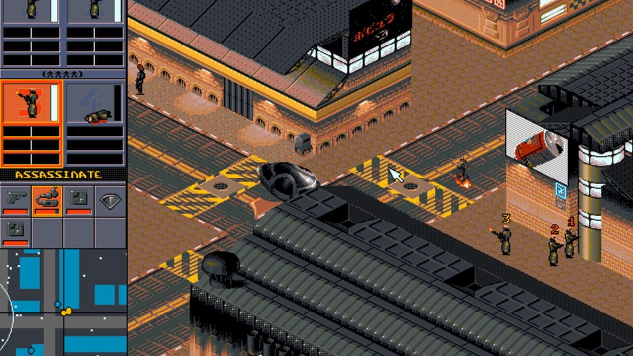 An isometric-view urban street scene displays a large black armored vehicle occupying the center of a brick-paved intersection marked with yellow lines. Several armed figures in dark clothing stand scattered across the street near brick buildings with industrial architecture. The left side shows a dense UI panel with an orange and gray color scheme, containing inventory icons, a weapon icon labeled 'ASSASSINATE,' and status displays in blue and orange sections. The game uses low-resolution pixel art with a muted brown and tan palette for the environment, while overhead lighting casts dark shadows across the geometric street layout.