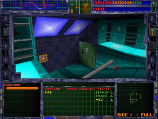 A first-person dungeon view displays a cyberpunk corridor with cyan-lit floor panels and dark tile walls, a wooden plank crossing the space diagonally. The top of the screen shows a red and green animated interface bar, while the bottom contains two HUD panels: a green wireframe minimap on the left showing the player's position and layout, and a yellow inventory/status panel on the right listing equipment and numerical stats. The 3D environment uses flat-shaded geometry with solid colors against a low-resolution dark backdrop.