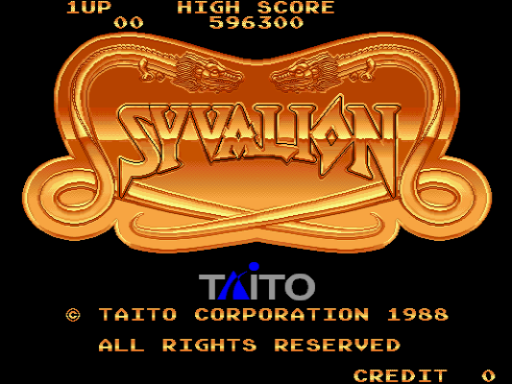 An ornate golden title banner reading 'SYVALION' dominates the center, flanked by decorative curved scrollwork. Above the logo, a black header displays '1UP' on the left, 'HIGH SCORE' in the center, and '596300' on the right. Below the banner sits the Taito logo in blue lettering. At the bottom, yellow text reads 'TAITO CORPORATION 1988', 'ALL RIGHTS RESERVED', and 'CREDIT 0' in the lower right. The entire screen has a black background, with all graphics rendered in orange and golden tones typical of 1988 arcade title screens.