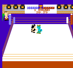 A wrestling ring viewed from above displays two pixelated wrestlers in the center—one black and white, one cyan—on a white mat surrounded by red and white ropes. The purple border of the ring frame is visible at the edges. At the top of the screen, a yellow "SOUND" indicator appears in the status bar with various UI elements and item icons. An orange-brown floor extends beneath the ring, with blue horizontal lines marking the arena seating area above the mat.