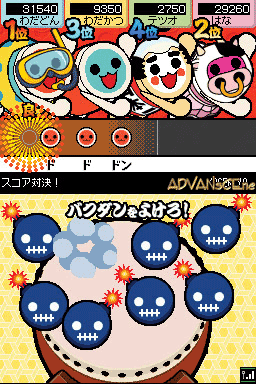 The top screen displays four cartoon character faces with score values above them (91540, 9350, 2950, 29250) against a bright red background with decorative elements. The bottom screen shows a large smiling red drum face with seven blue skulls with stitch marks arranged across it in a playful pattern, set against a yellow and beige background with small explosive effects around the edges.