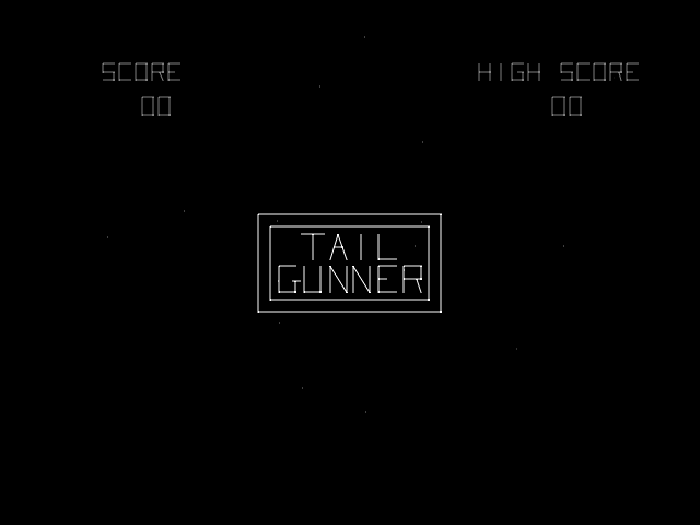 A black screen with white vector-style text displays the title "TAIL GUNNER" centered in a rectangular box outline. At the top left, "SCORE" and "00" appear in thin capital letters, while "HIGH SCORE" and "00" are positioned in the top right. The entire interface uses a minimalist vector art style typical of early arcade games, with all elements rendered in white outlines against a completely black background.