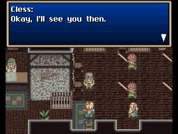 A dialogue box at top displays "Close: Okay, I'll see you then." Below, an indoor room is shown in isometric view with brick walls, wooden furniture, and several sprite characters positioned throughout the space. The scene uses 16-bit SNES-era pixel graphics with a brown and tan color palette typical of mid-1990s RPG aesthetics.