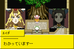 A dialogue screen displays three character portraits arranged horizontally against a dark background with a decorative gold border. On the left is a wolf-like character with yellow fur, in the center is a small round creature with a simple face, and on the right is a pale-skinned character with dark hair. Below the portraits is a gridded map or dungeon layout in beige tones. A yellow text box at the bottom contains Japanese characters and dialogue, with sprite-based pixel art typical of Game Boy Advance era graphics.