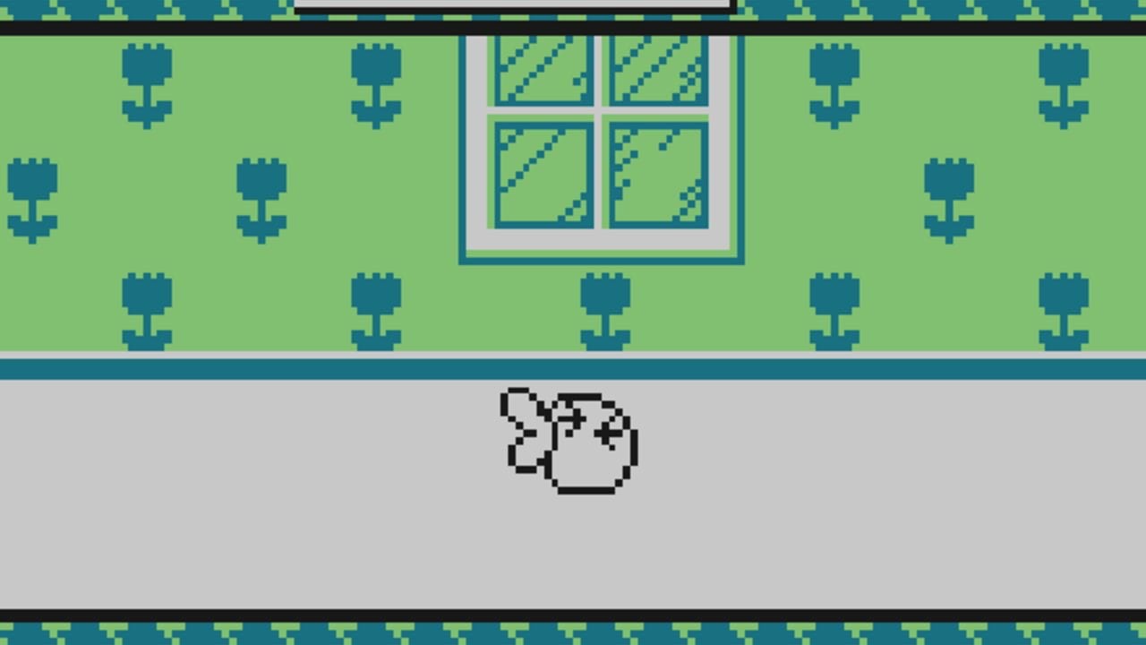 A pixelated white creature with pointed ears stands on a gray ground area, positioned center-bottom. Above it, a bright green grass field contains multiple small blue tree sprites arranged in a repeating pattern, with a white-framed window structure centered in the upper portion. A dark teal border with horizontal line separates the top and bottom sections, with decorative pixel patterns along the very edges in teal and pale green.