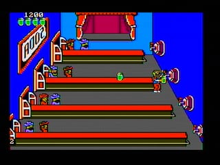 A colorful arcade game display showing five horizontal bar platforms stacked vertically in the center of the screen, each rendered in different colors including red, gray, and brown with yellow support beams on the sides. Small pixelated characters are visible on the platforms, and a keg or barrel appears at the top center in dark red. The left side displays the score "1200" in blue text with a logo above it. A blue border frames the entire play area against a black background.