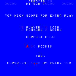 A blue title screen displays white and red text listing game options and credits. The word 'TARG' appears in red in the center, with menu options above it including 'PLAYERS', 'COINS', 'DEPOSIT COIN', and 'POINTS'. At the bottom, white text reads 'COPYRIGHT 1980 BY EXIDY INC'. Additional text at the top shows 'CREDITS' and 'TOP HIGH SCORE FOR EXTRA PLAY'. The entire screen uses a solid blue background with pixelated arcade-era typography.