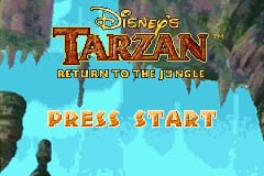 The title screen displays the Disney's Tarzan logo at the top in brown and gold lettering against a jungle background with vines and foliage. Below reads "Return to the Jungle" in smaller text. A silhouetted figure of Tarzan crouches in the lower left corner. The background features layered jungle scenery in greens and blues with a sky gradient. The text "Press Start" appears in orange-yellow letters at the bottom center of the screen. The overall art style uses 16-bit sprite resolution with a tropical color palette.