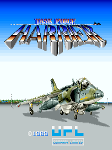 The title screen displays 'TASK FORCE HARRIER' in large red letters across the top, with individual letters rendered in 3D perspective effect against a blue gradient sky. Below the logo sits a camouflaged military helicopter in profile view, rendered in olive green and tan colors with visible rotors and landing gear. At the bottom, the year '1989' and developer credit 'UPL' appear in cyan text against a white ground plane, with the helicopter casting a shadow beneath it.
