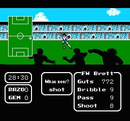 A soccer match in progress on a green pitch with white field markings and a scoreboard at the top. The lower third shows silhouetted player sprites in black, with one player mid-action. A HUD panel occupies the bottom-left displaying the time 28:30, team names RAZO and GEM with scores of 0, and a match menu on the right showing player stats including "CM Brett" with 782 shots, dribble 9, pass 6, and shoot 9. The background features a cyan sky with clouds and a crowd pattern along the stadium stands.