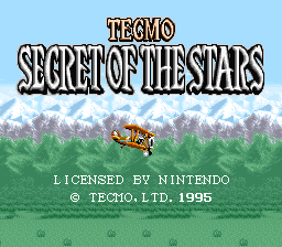 The title screen displays "TECMO SECRET OF THE STARS" in large outlined text at the top against a light blue sky. Below the title, a small yellow airship sprite floats above a green ground with trees rendered in the background. At the bottom, white text reads "LICENSED BY NINTENDO © TECMO, LTD. 1995". The overall visual style uses 16-bit SNES-era pixel art with a bright color palette.