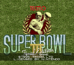 The title screen displays 'Tecmo Super Bowl III - Final Edition' in large light blue letters against a grass background. A gold-bordered emblem featuring a football player in a crouched stance sits centered above the title. Red text reading 'TECMO' appears at the top, and small white text at the bottom indicates 'Licensed by Nintendo.' The overall composition uses a green turf texture as the backdrop, with the logo elements arranged vertically in the center of the screen.