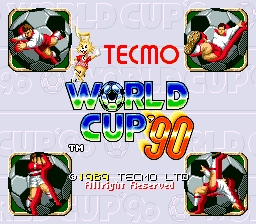 The title screen displays "TECMO WORLD CUP '90" in large blue and yellow lettering in the center. Four identical square panels arranged in corners show pixelated soccer players in red and white uniforms on green fields. The Tecmo logo appears in red above the title. Below the main title text, small white lettering reads "(C) 1989 TECMO LTD" and "MADE IN JAPAN". The background is light gray with faint repeated text. The overall composition uses the arcade game's characteristic 8-bit sprite style and color palette of red, white, green, blue, and yellow.