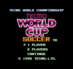 The title screen displays "TECMO WORLD CUP SOCCER" in large pink and white pixelated letters against a black background. Above the main title, "TECMO" appears in smaller text. Below the logo, menu options are listed in white text: "1 PLAYER", "2 PLAYERS", and "CONTINUE". At the bottom, copyright information reads "© 1990 TECMO. LTD." The "SOCCER™" subtitle appears in orange text beneath the main title. The entire interface uses the NES's characteristic 8-bit pixel art style with a limited color palette.