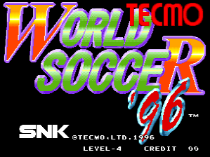 The title screen displays "WORLD SOCCER '96" in large, gradient-filled letters spanning the center, with "TECMO" positioned above in red and purple styling. The SNK logo and copyright text appear in white at the bottom left, followed by "TECMO LTD. 1996" and "LEVEL 00" and "CREDIT 00" displays in the lower right corner. The background is black, and the overall text uses bright purple, green, and red colors with dimensional lettering effects typical of 1990s arcade graphics.