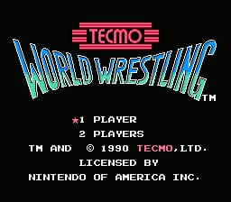 The title screen displays the Tecmo World Wrestling logo in large cyan and magenta gradient lettering at the top center, with the Tecmo red bar logo above it. Below the title are menu options listing "*1 PLAYER" and "2 PLAYERS", followed by copyright text stating "™ AND © 1990 TECMO, LTD. LICENSED BY NINTENDO OF AMERICA INC." in white typeface. The background is solid black, and the overall composition uses the NES's standard 8-bit color palette.