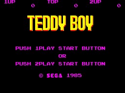 A black background with magenta text at the top displays score information including "1UP", "TOP", and "2UP" with "o" symbols between them. The large yellow title "TEDDY BOY" dominates the center. Below are magenta instructions reading "PUSH 1PLAY START BUTTON" and "OR" followed by "PUSH 2PLAY START BUTTON". At the bottom, the copyright notice "© SEGA 1985" appears in magenta text. The overall aesthetic uses a limited color palette of black, yellow, and magenta on a low-resolution display typical of early 1980s arcade games.